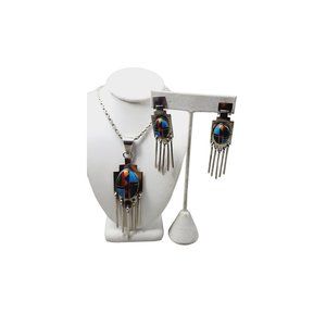 Vintage Signed Vidal Chavez Sterling Zuni Pendant Necklace & Earrings (A3138)
